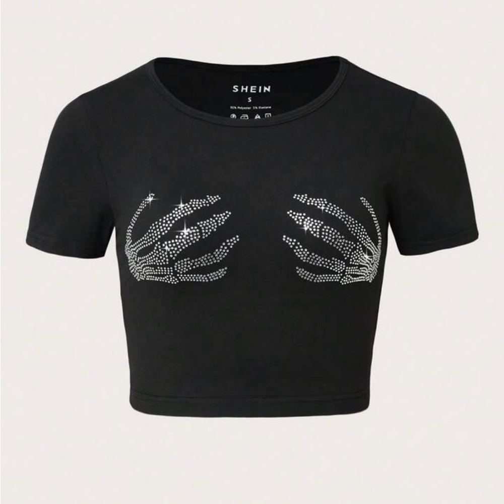shein rhinestone skeleton hand crop top